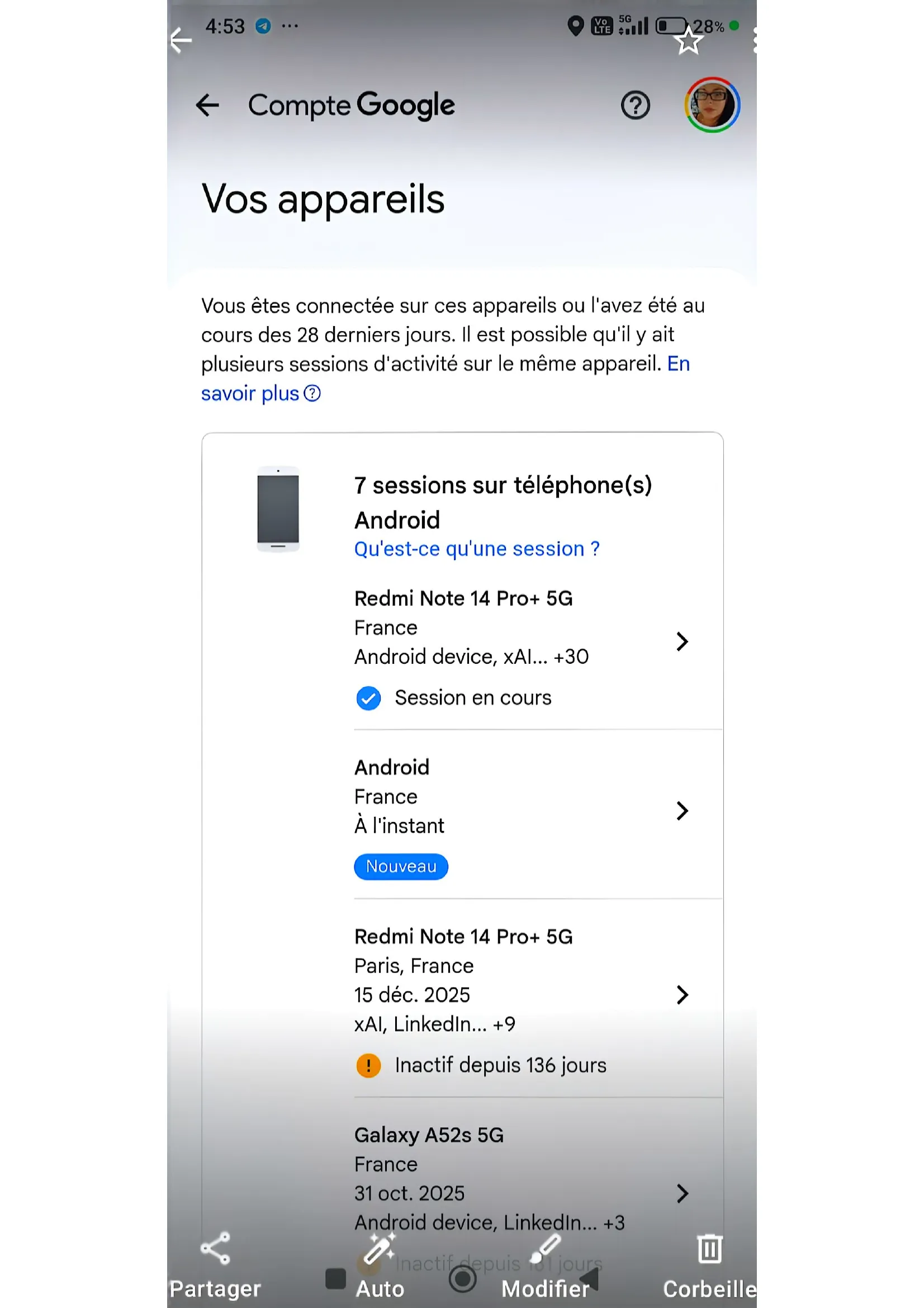 Constantes — nouvelles connexions à mon compte Google