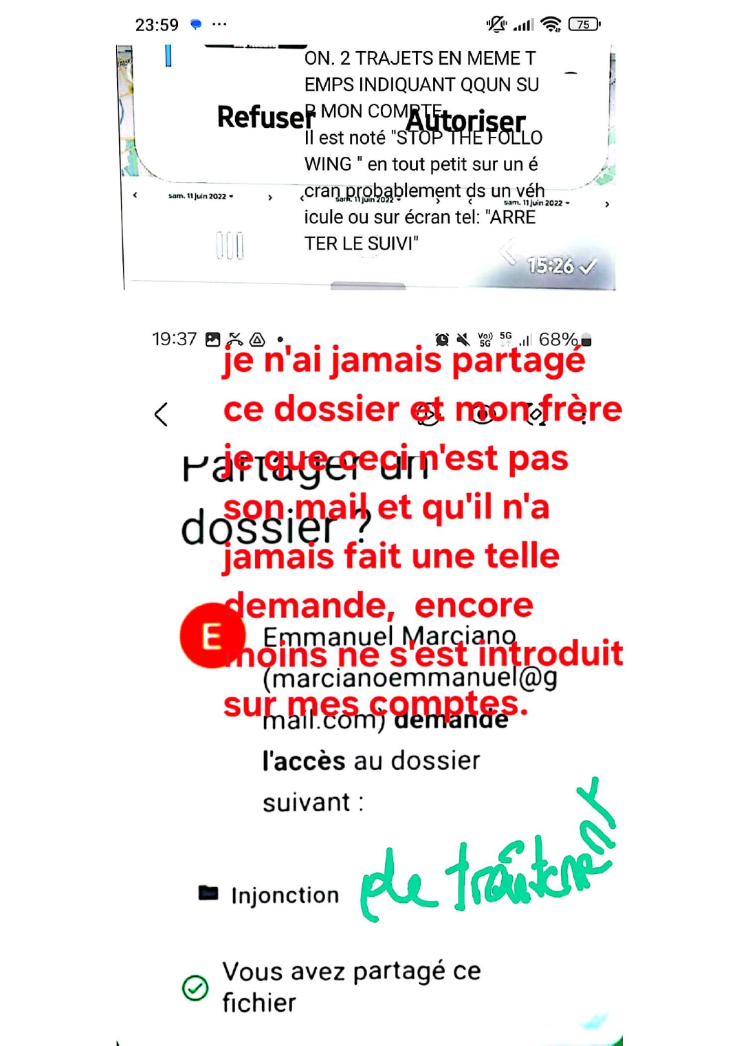Quelques éléments parmi des centaines — piratage attribué au frère
