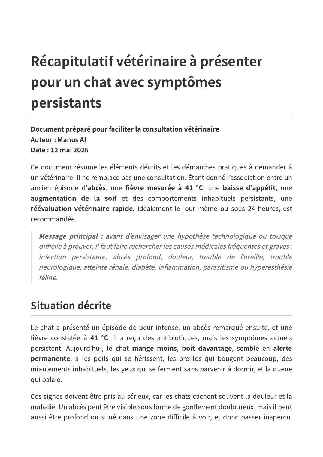 Récapitulatif vétérinaire préparé pour la consultation