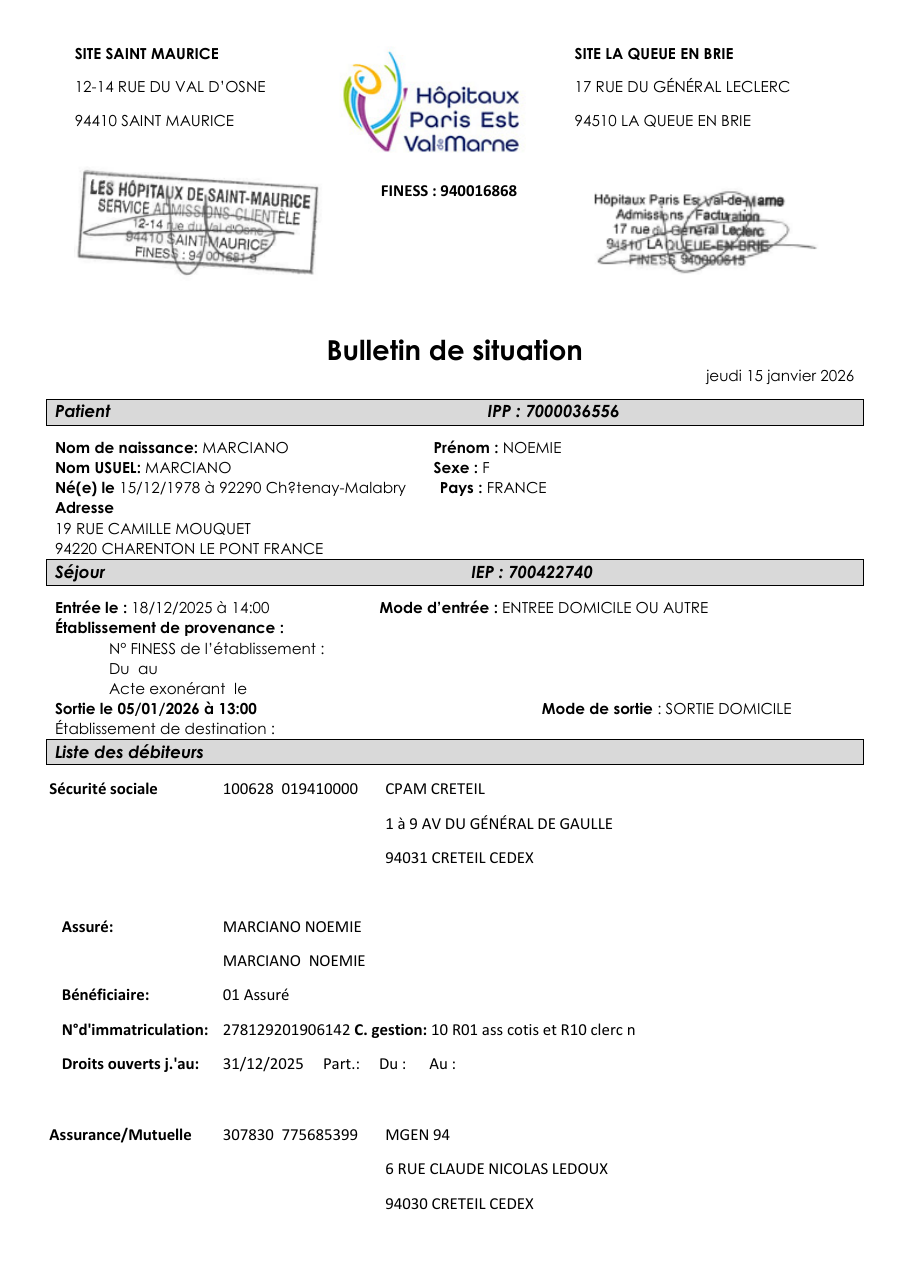 Bulletin d'hospitalisation — Saint-Maurice (cure de désintoxication)