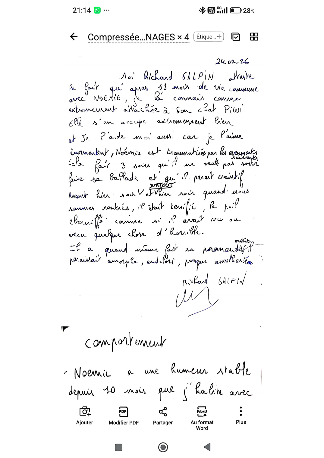 Témoignage manuscrit Piwi