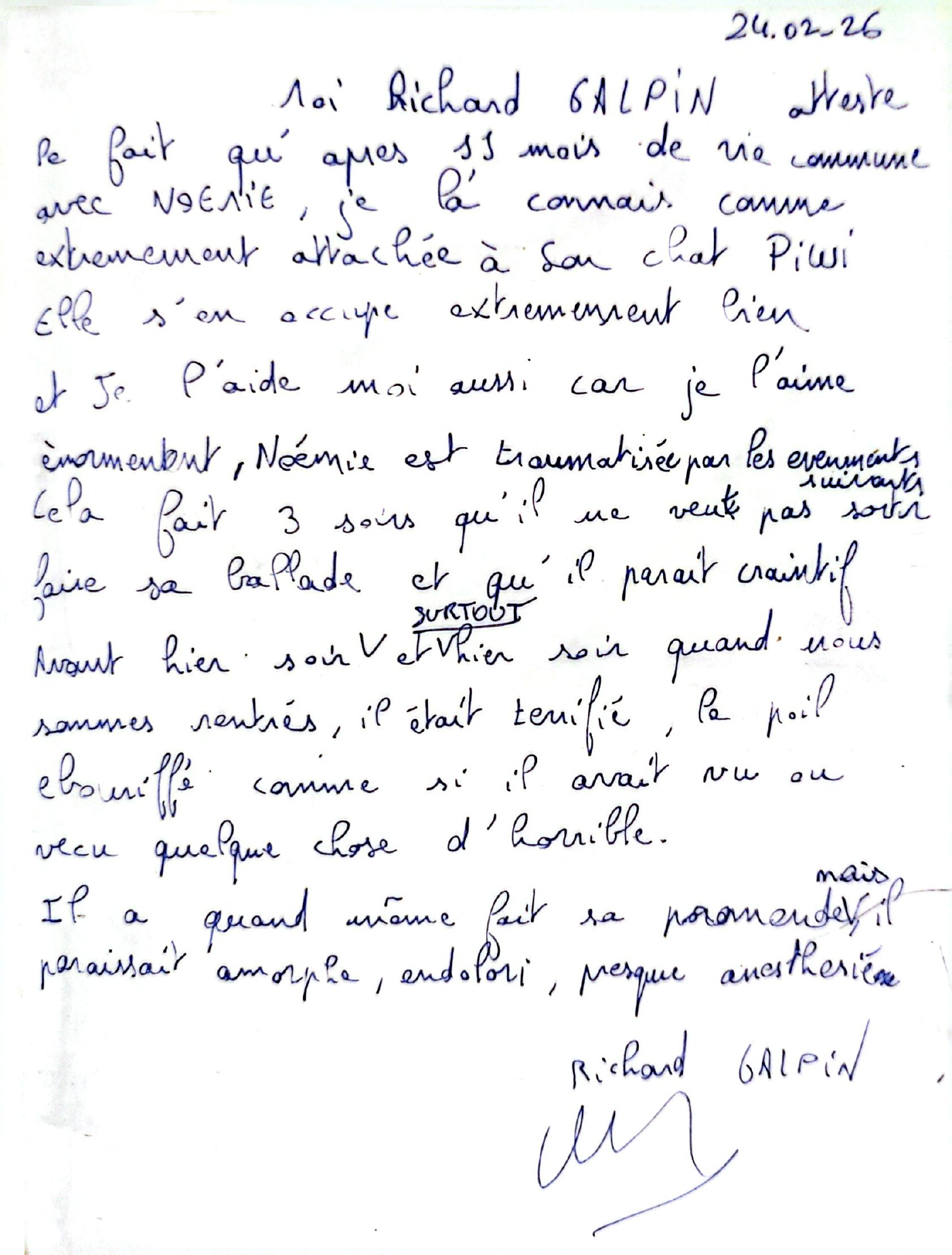 Recueil intégral des témoignages — 80 pages manuscrites (Richard Galpin + 3 témoins indépendants)